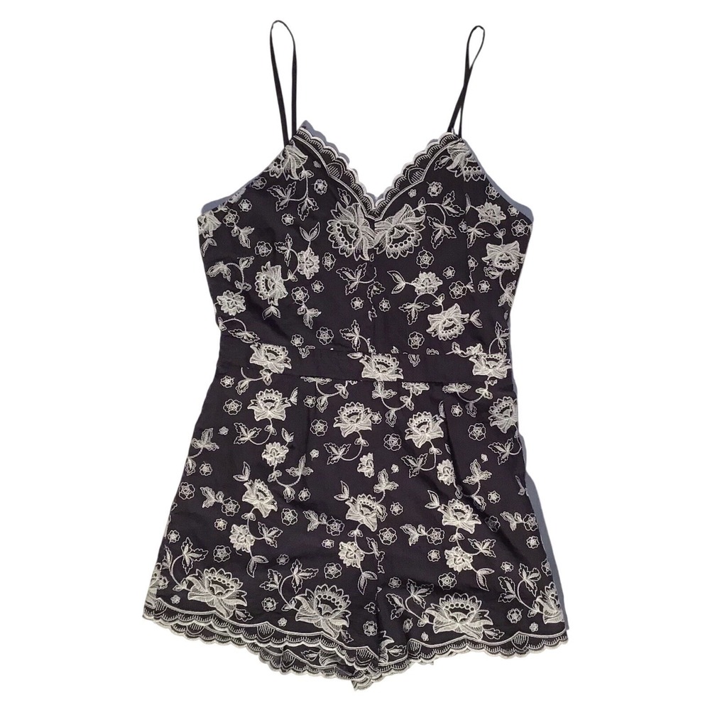 Altar State Black Floral Lace Trim Spaghetti‎ Strap Romper Size L floral Blk/wht